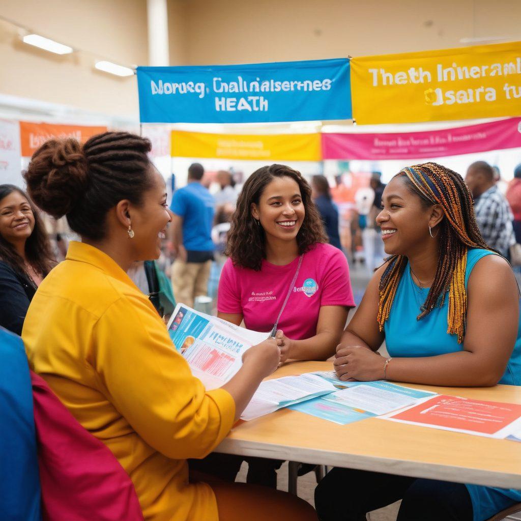 An inviting, friendly scene depicting diverse individuals exploring health insurance options at a vibrant community health fair, with informational booths and cheerful banners. In the foreground, a family receives guidance from a knowledgeable advisor, while background images of health coverage pamphlets and club benefits are visible. Bright colors and a sense of community shine through. super-realistic. vibrant colors. 3D.